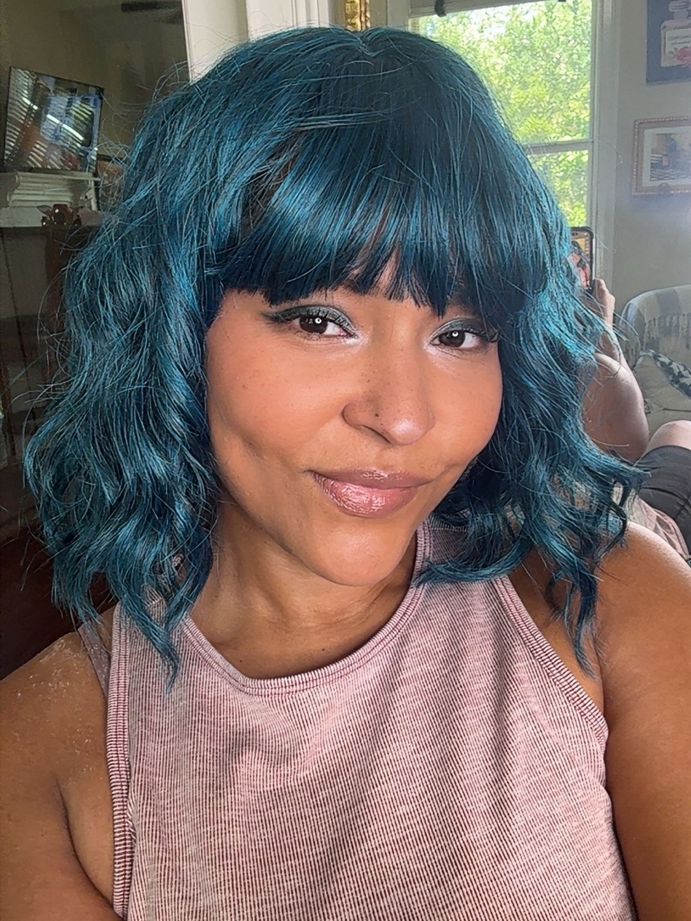 Teal Blue Wavy Bob Costume Wig With Bangs and Comb Clips
